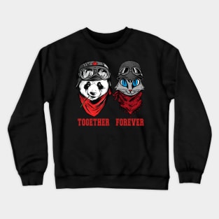 Cute Panda and cat couple in helmet and goggles Crewneck Sweatshirt